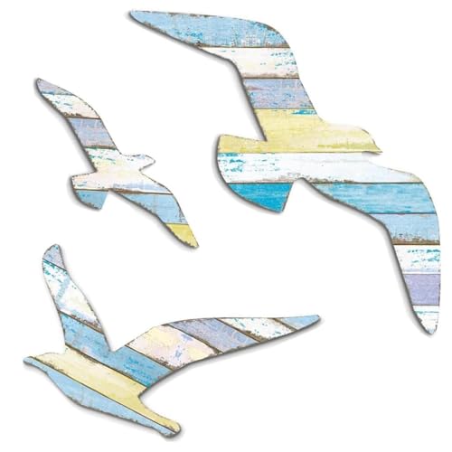 BOBOZHONG Strand-Wanddekor 3er Set aus Holz - Küstenmotiv mit Möwen Deko für Wohnzimmer & Schlafzimmer Wandkunst in 13cm, 15cm & 24cm Maritime Dekoideen für Zuhause von BOBOZHONG