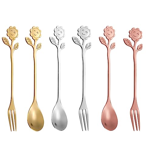 Blume Kaffeelöffel,6PCS kaffeelöffel,Blattlöffel,edelstahl teelöffel kaffeelöffel,bunter dessertlöffel aus edelstahl,Gabeln,Kuchengabeln für Kaffee Dessert Eis Cocktail usw von BOBOZHONG
