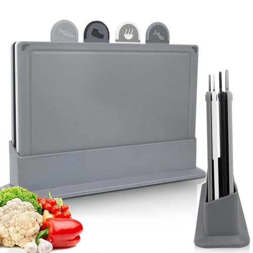 BOCHION Schneidebrett-Set, dunkle Kunststoff-Schneidebretter mit Ständer und Lebensmittel-Symbolen von 4 Stück, Schneidebretter leicht zu reinigen, Mehrzweck-Anti-Rutsch-Oberfläche, verhindert von BOCHION