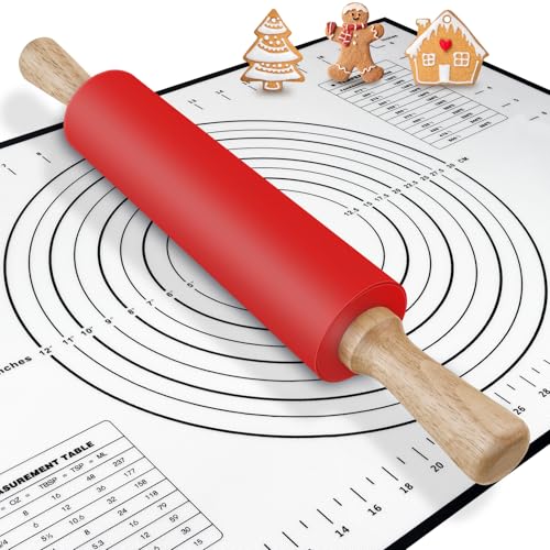Nudelholz - 43cm Groß Teigroller Edelstahl mit Backmatte - Antihaft Nudelholz Silikon mit Holz Griffe Einfach zu Säubern - Teigrolle Backzubehör für Backen/Ravioli/Fondant/Teig/Pizza/Gebäck/Kuchen-Rot von BOCHION