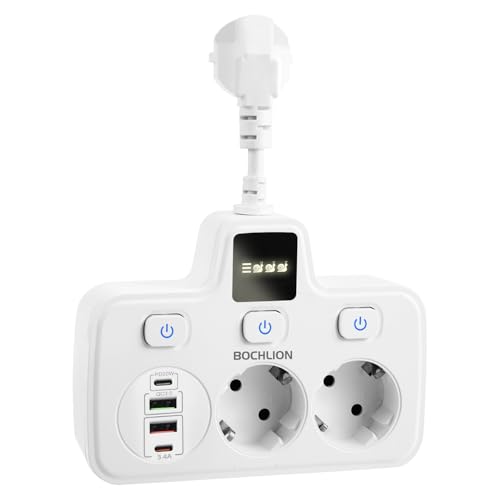 BOCHLION Steckdosenleiste mit USB, 2 Fach Mehrfachsteckdose mit 4 USB (PD 20W & QC 3.0), Steckdosenadapter mit Unabhängige Schaltdosen und LED Licht, Mehrfachstecker 3250W 13A für Zuhause Büro - Weiß von BOCHLION
