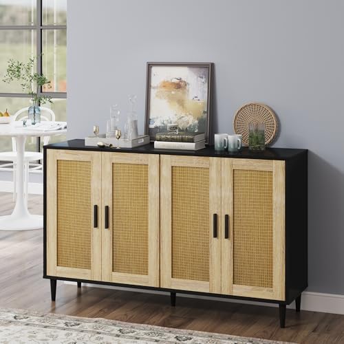 Schwarzes Buffet-Sideboard, Küchenschrank mit 4 Rattan-Dekor-Türen, Kaffeebar-Schrank mit verstellbaren Ablagen für Wohnzimmer, Flur Schwarzes Buffet-Sideboard, Küchenschrank mit 4 Rattan-Dekor-Türen, Kaffeebar-Schrank mit verstellbaren Ablagen für Wohnzimmer, Flur von BOCVKENN