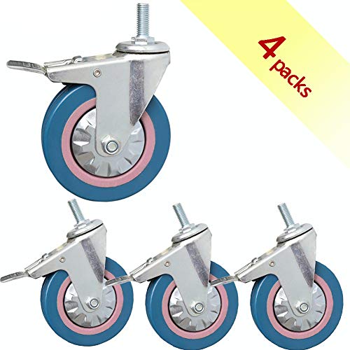 BOCbco Plattenrollen 4 Zoll 100 Mm Industrielle Leise Tpr-Hochleistungsrollen, Lenkrollen Mit M10-Gewinde, 300 Kg Mit Bremse, Krankenhaus, Fabrik, Schule, Hotelwagen, Kunstgummi Qu/Blue/3Inch M10 4Bra von BOCbco