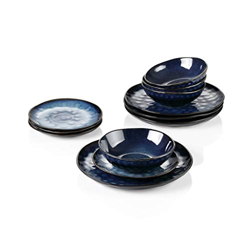 BODHIS Tafelservice Vintage Look Keramik Blau 12-teilig Steingut Geschirrset mit Speiseteller, Dessertteller, Schüssel von BODHIS