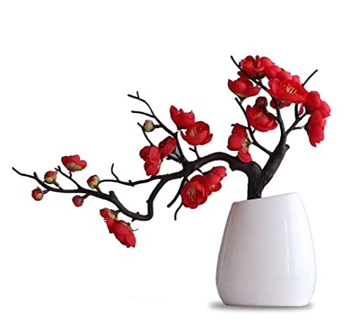 Kunstblumenstrauß Kunstblumen Künstliche Blumen Künstliche Blumen-Pflaumenblüten-Bonsai Mit Keramikvase, Gefälschter Seidenstrauß Für Heimdekoration Deko (Color : A-Red) von BODHIS