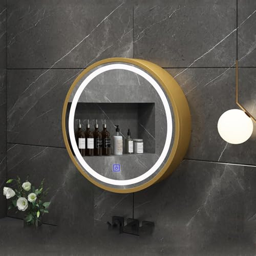 Moderner runder LED-Badezimmer-Spiegelschrank mit verstellbarer dreifarbiger Beleuchtung, Wandmontage, Medizinschrank mit Massivholzrahmen und wasserdichter LED-Lichtleiste (Gold, 70 cm) von BODHIS