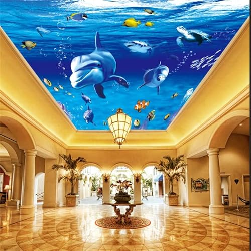 BOEERLCNL PVC selbstklebende Deckentapete 3D-Wandbild Unterwasserwelt Delfin Fisch Heimdekoration Hotel Decke dekorative Wandkunst von BOEERLCNL