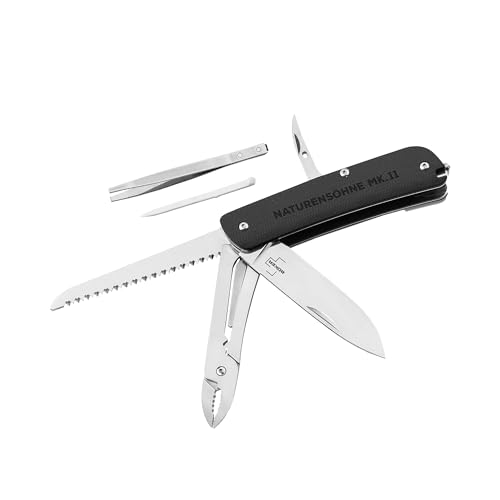 BÖKER PLUS® Naturensöhne MK II. - EDC Outdoor Multifunktions Messer G10 - Multitool Sandvik Klappmesser, Clip & 7 Funktionen: Klinge, Säge, Näh- & Bohr-Ahle, Zahnstocher, Pinzette & Glasbrecher von BÖKER PLUS