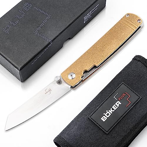 BÖKER PLUS® Tenshi Brass - Tanto Taschenmesser in japanischem Design - Gentleman Klappmesser Messing mit Tantoklinge - EDC Messer mit Etui in Geschenk-Box (Messing Taschenmesser) von BÖKER PLUS