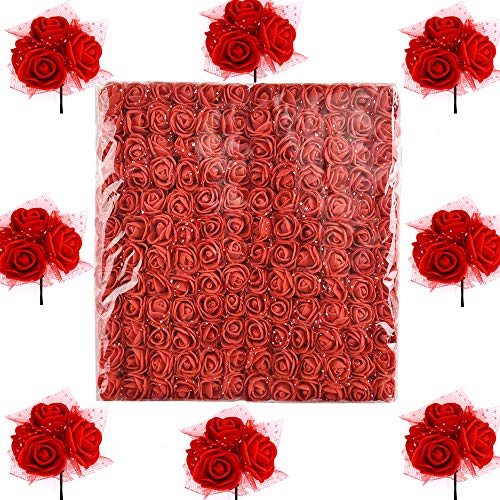 BOELLRUNO 288 Stück Rot Schaumrosen mit Stiel Künstliche Blumen Foamrosen Blumenköpfe Schaum Foam Blumen Brautstrauß Rosenstrauß Deko Kunstblumen Rosen Basteln Kunstblume für Hochzeit Party Feier usw von BOELLRUNO