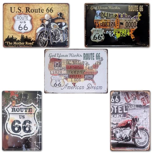 BOEMY 5er-Pack dekorative Abzeichen: Route 66-Symbole im Retro-Stil. Set mit 5 Retro-Nummernschildern: Besichtigen Sie die historische Route 66 von zu Hause aus | Maße 20 x 30 cm. von BOEMY