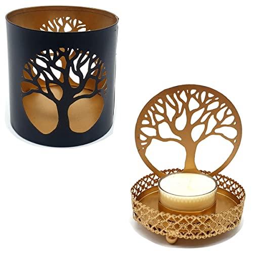 Reflektierendes Teelichthalter-Set [Baum des Lebens] | Kerzenhalter aus Messing | Größe 9 x 9 cm und 11 x 7 cm von BOEMY