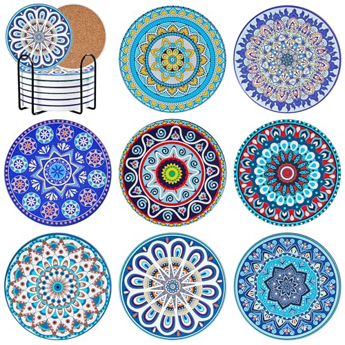 BOENFU Mandala Keramik 10cm Untersetzer mit Halter 8er Set Kork Untersetzer für Getränke, Tassen, Bar, Vasen, Kerzen, Küche Wohnzimmer Dekoratio von BOENFU