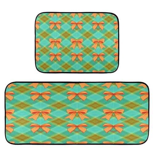 BOESI Graffiti Orange Bow Küche Fußmatten 2er Set, rutschfest, waschbar, saugfähige Küchenteppiche, weich und bequem, geeignet für Küche, Schlafzimmer von BOESI