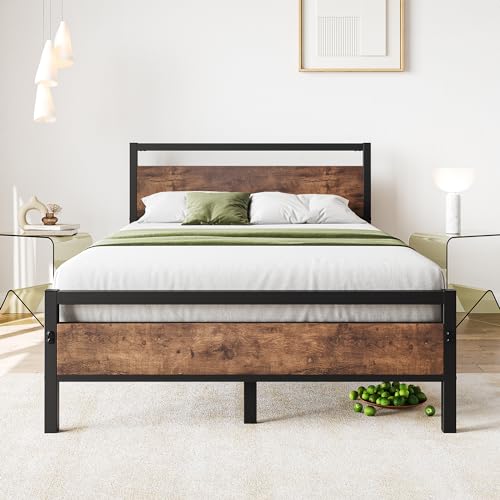 BOFENG Metallbett aus Metall mit Lattenrost,Bettrahmen Holz 120x200 Bettgestell mit Kopfteil,Doppelbett Gästebett Doppelbettgestell 120x200 cm,Vintage Braun+Schwarz von BOFENG