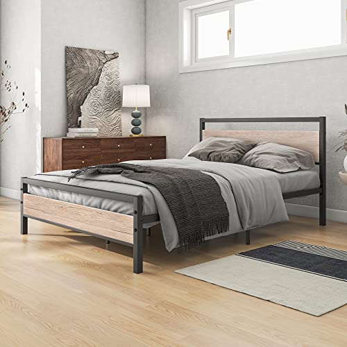 BOFENG Doppelbettrahmen mit Holz-Kopfteil, robustes Metallplattform-Bettrahmen, Doppelbett, kein Boxspringbett erforderlich, Matratzenboden/Unterbettaufbewahrung/stabile Stahllamellenstütze/natürliche von BOFENG