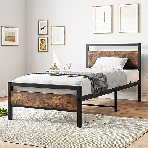 BOFENG Metallbett aus Metall mit Lattenrost,Bettrahmen Holz 90x200 Bettgestell mit Kopfteil,Einzelbett Gästebett Einzelbettgestell 90x200 cm,Vintage Braun+Schwarz von BOFENG