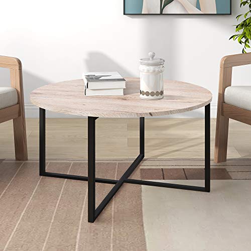 BOFENG Runder Couchtisch Teetisch Runder Couchtisch für Wohnzimmer mit Metallbeinen, Schwarz + Weiße Eiche von BOFENG