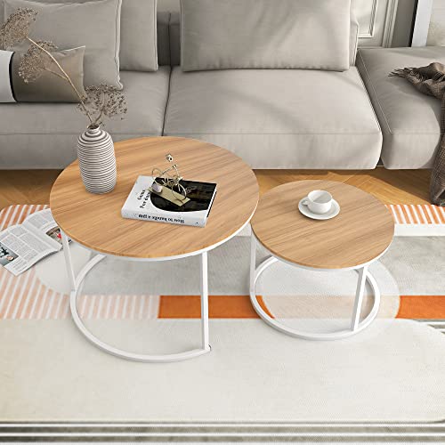 BOFENG Runder Nesting Couchtisch, 2er Set Beistelltisch für Wohnzimmer (Weiß+Eiche, 2er Set) von BOFENG