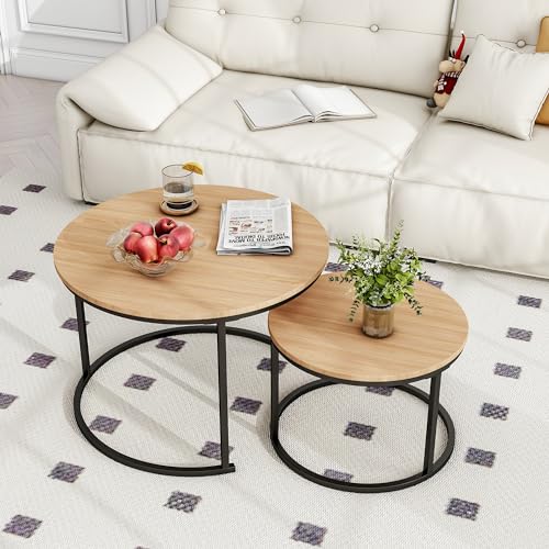 BOFENG Runder Nesting Couchtisch, 2er Set Beistelltisch für Wohnzimmer (Schwarz+Eiche, 2er Set) von BOFENG