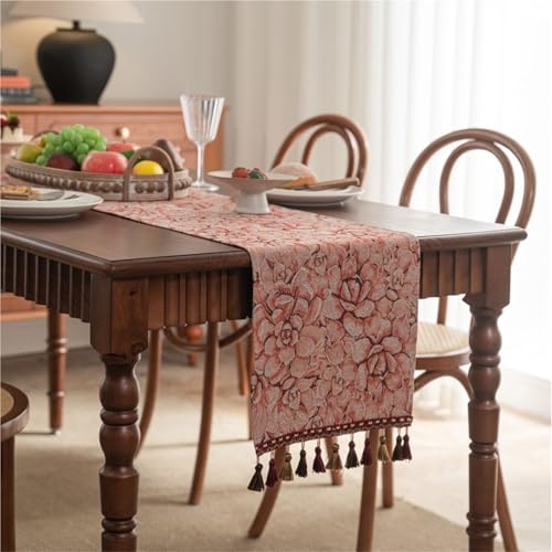 BOFIBO Tischläufer Home Tischwäsche Nordic Jacquard Rosa Blume Tisch Läufer Quaste Tee Tisch Läufer Esszimmer Lange Streifen Verdickt Einfache Für Partys, Hochzeiten, Esstische(S,33-220cm) von BOFIBO
