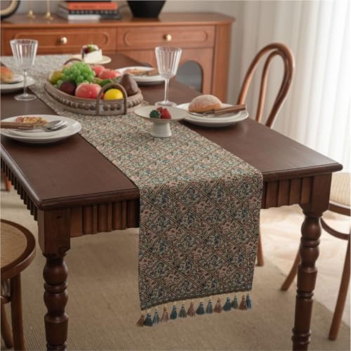 BOFIBO Tischläufer Home Tischwäsche Nordic Jacquard Rosa Blume Tisch Läufer Quaste Tee Tisch Läufer Esszimmer Lange Streifen Verdickt Einfache Für Partys, Hochzeiten, Esstische(U,33-400cm) von BOFIBO
