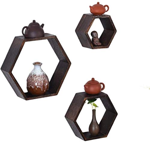 Schweberegale Wandregale Schwimmdock Regal Hexagon Kombination Regale Schwimmdock Holzbrett Dekorrahmen Wohnzimmer, Breite 9 cm, 2 Sets Optional(Set A) von BOFIBO