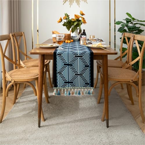 Tischläufer Home Tischwäsche Amerikanische Retro-Tischläufer, garngewebt, Jacquard, geometrische Linien, Quaste, Haushalts-Polyester-Tischdecke, Bettschwanz-Tischläufer, Eimer, Schrankbezug, Handtuch von BOFIBO