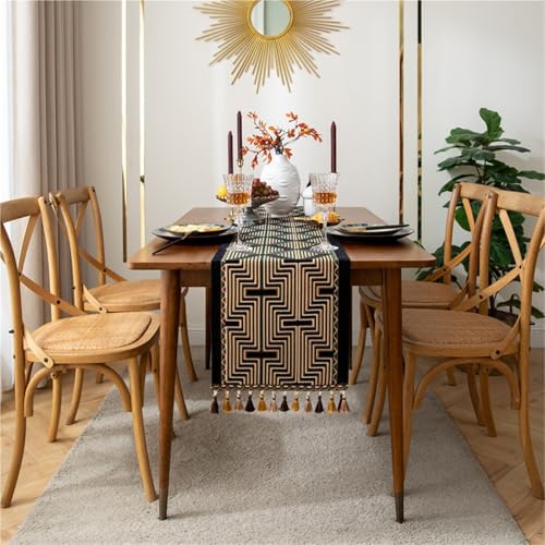 Tischläufer Home Tischwäsche Amerikanische Retro-Tischläufer, garngewebt, Jacquard, geometrische Linien, Quaste, Haushalts-Polyester-Tischdecke, Bettschwanz-Tischläufer, Eimer, Schrankbezug, Handtuch von BOFIBO