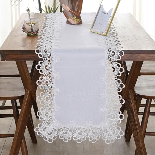 Tischläufer Home Tischwäsche Weißer Tischläufer im ländlichen Stil mit Spitzenspitze und ausgehöhltem Esstischtuch, Vintage-Teetisch, langer Tischläufer Für Partys, Hochzeiten, Esstische(Blanc,40*180c von BOFIBO