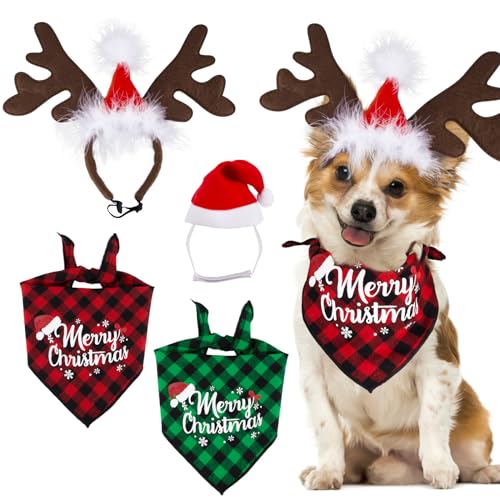 4 Stücke Hund Katzen Haustier Weihnachten Kostüm Set, Weihnachtsmütze Stirnband Weihnachtshund Bandanas Hundehalstuch für Haustier Weihnachten Kostüm Dekoration Zubehör von BOFUNX