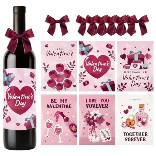 6 Stück Valentinstag Flaschenetikett mit 6 Stück Schleife, Weinflasche Deko Valentinstag Flaschenetiketten Selbstklebend Champagner Weinflaschen Aufkleber Party Dekorationen von BOFUNX