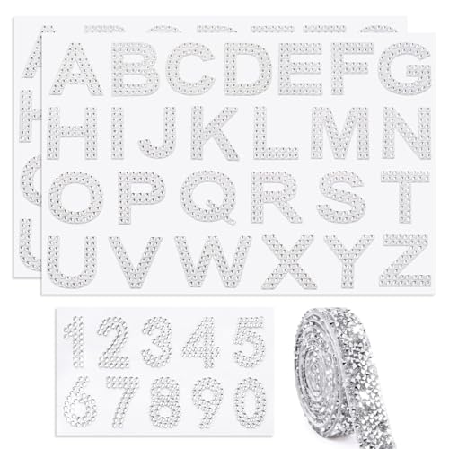 3 Blätter Glitzer Strass Alphabet Zahlen Aufkleber Selbstklebend mit 1 Yard Kristall Strassband Selbstklebendes Glitzerband Klebeband für DIY Handwerk Kleidung Hochzeit Dekoration von BOFUNX