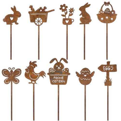 BOFUNX 10pcs Ostern Gartenstecker Rost Osterhasen Figuren Blumenstecker Frohe Ostern Gartendeko für Ostern Deko Rostdeko Gartendeko von BOFUNX