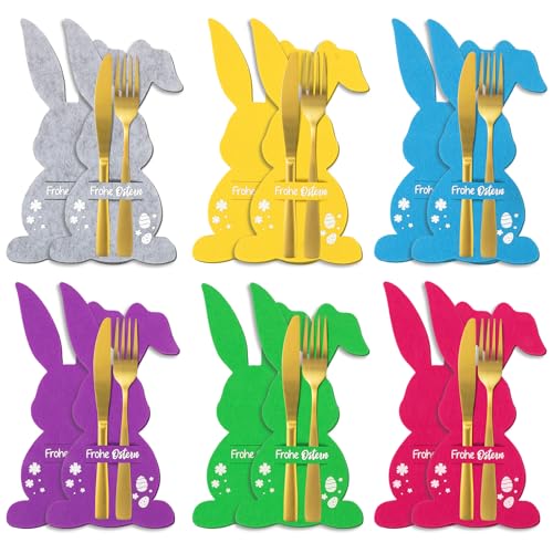 BOFUNX 12 Stück Frohe Ostern Filz Besteckhalter Osterhase Besteckbeutel Kaninchen Besteckhalter für Gabel Messer Ostern Tischdeko Osterdekoration von BOFUNX