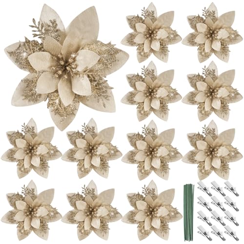 BOFUNX 12 Stück Glitzer Weihnachtsstern Blumen Weihnachtsblumen mit 12pcs Kunststoff Rhizomen 12pcs Clips Künstlich Glitter Weihnachtsbaum Blumen für Weihnachtsbaum Neujahr Dekorationen von BOFUNX