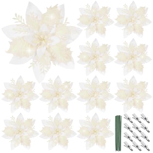 BOFUNX 12 Stück Glitzer Weihnachtsstern Blumen Weihnachtsblumen mit 12pcs Kunststoff Rhizomen 12pcs Clips Künstlich Glitter Weihnachtsbaum Blumen für Weihnachtsbaum Neujahr Dekorationen von BOFUNX