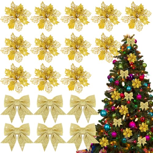 BOFUNX 12 Stück Glitzer Weihnachtsstern Blumen mit 6 Stück Glitzer Weihnachtsschleifen Deko Weihnachtsbaumschmuck Weihnachtsdeko für Weihnachtsbaum Neujahr Dekorationen von BOFUNX
