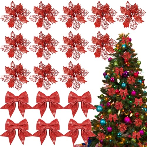 BOFUNX 12 Stück Glitzer Weihnachtsstern Blumen mit 6 Stück Glitzer Weihnachtsschleifen Deko Weihnachtsbaumschmuck Weihnachtsdeko für Weihnachtsbaum Neujahr Dekorationen von BOFUNX