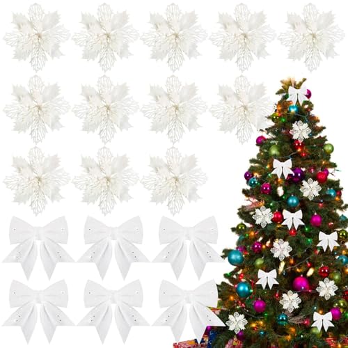 BOFUNX 12 Stück Glitzer Weihnachtsstern Blumen mit 6 Stück Glitzer Weihnachtsschleifen Deko Weihnachtsbaumschmuck Weihnachtsdeko für Weihnachtsbaum Neujahr Dekorationen von BOFUNX