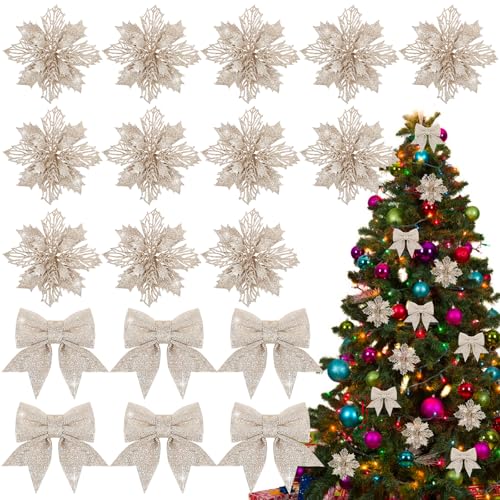 BOFUNX 12 Stück Glitzer Weihnachtsstern Blumen mit 6 Stück Glitzer Weihnachtsschleifen Deko Weihnachtsbaumschmuck Weihnachtsdeko für Weihnachtsbaum Neujahr Dekorationen von BOFUNX