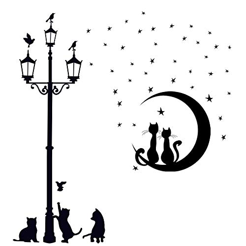 BOFUNX 2 Set Wandtattoo Katzen Schwarz Straßenlampe Stern Wandaufkleber Selbstklebend Wandsticker Wanddeko für Schlafzimmer Wohnzimmer Kinderzimmer Kühlschrank von BOFUNX