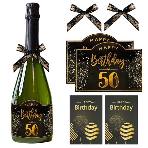 2 Stück Flaschenetikett zum 50. Geburtstag Flaschenetikett Geburtstag Happy Birthday Etikett Schleifen Geburtstagskarte Geburtstags Geschenk für Frauen Männer von BOFUNX