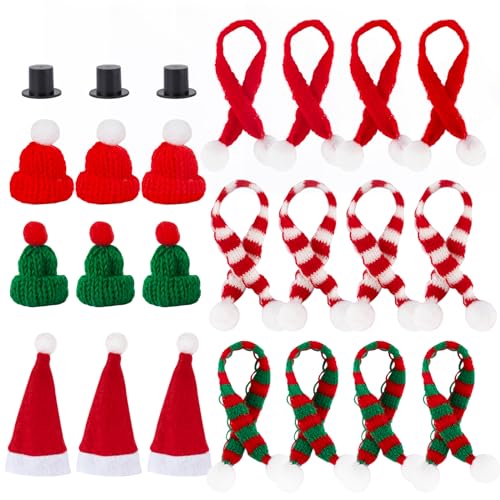 BOFUNX 24 Stücke Mini Weihnachtsmütze und Schal Set, Kleine Nikolausmütze Weihnachtsschal für Weihnachtsdeko Puppenzubehör Flaschendeko Tischdeko Partydeko von BOFUNX