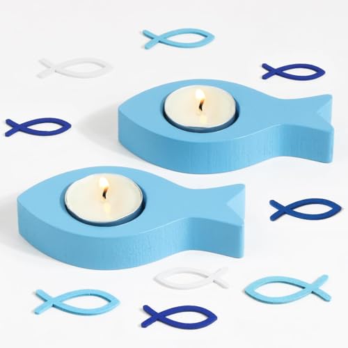 BOFUNX 2er Set Teelichthalter Fisch aus Holz für Kerzen mit Durchmesser 4cm Blau Fische Kerzenhalter mit 30pcs Holzfische Streudeko Geschenk für Mädchen Junge Taufe Kommunion Konfirmation Tischdeko von BOFUNX