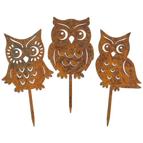 BOFUNX 3 Stück Rost Gartenstecker Herbst Gartendeko Roststecker Metall Rost Eule Herbstdeko Tier Rostfigur Rost Deko für Herbst Garten Terrasse Balkon Blumentopf von BOFUNX