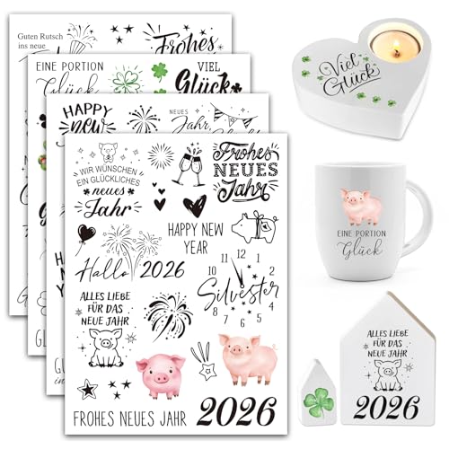 BOFUNX 4 Blätter Rub On Sticker Neujahr Transferaufkleber Folie für Weihnachten Neujahr Silvester Glück Geschenk Deko DIY Handwerk von BOFUNX