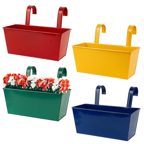 BOFUNX 4 Stück Hängende Blumentöpfe für Balkon Geländer Zaun Garten - Metall Blumentöpfe zum Aufhängen Pflanzentöpfe Hängetöpfe Balkontopf mit Abnehmbarem Haken 26cm×9,5cm×13cm von BOFUNX