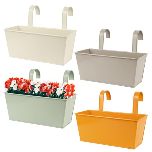 BOFUNX 4 Stück Hängende Blumentöpfe für Balkon Geländer Zaun Garten - Metall Blumentöpfe zum Aufhängen Pflanzentöpfe Hängetöpfe Balkontopf mit Abnehmbarem Haken 26cm×9,5cm×13cm von BOFUNX