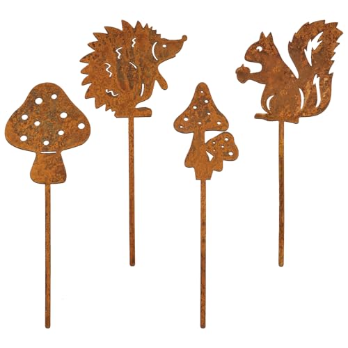 BOFUNX 4pcs Gartenstecker Herbst Gartendeko Roststecker Metall Eichhörnchen Igel Pilz Herbstdeko Tier Rostfigur Deko für Garten Terrasse Balkon Blumentopf von BOFUNX